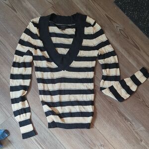 Express Black and Tan Striped V-Neck Sweater